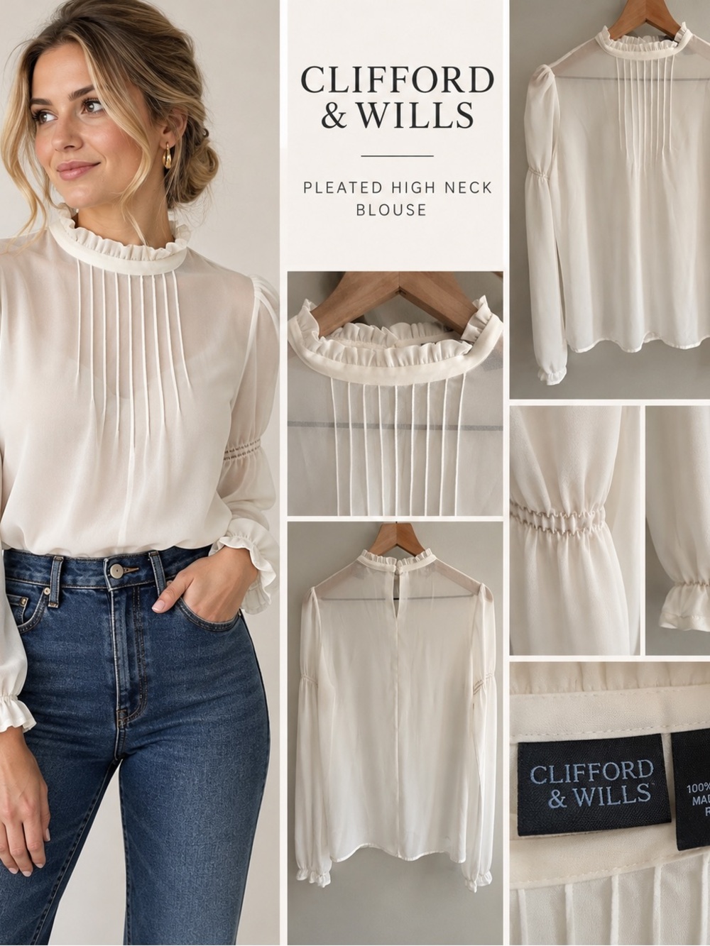 Clifford & Wills Vintage Ivory Pleated Ruffle High Neck Blouse Size 6